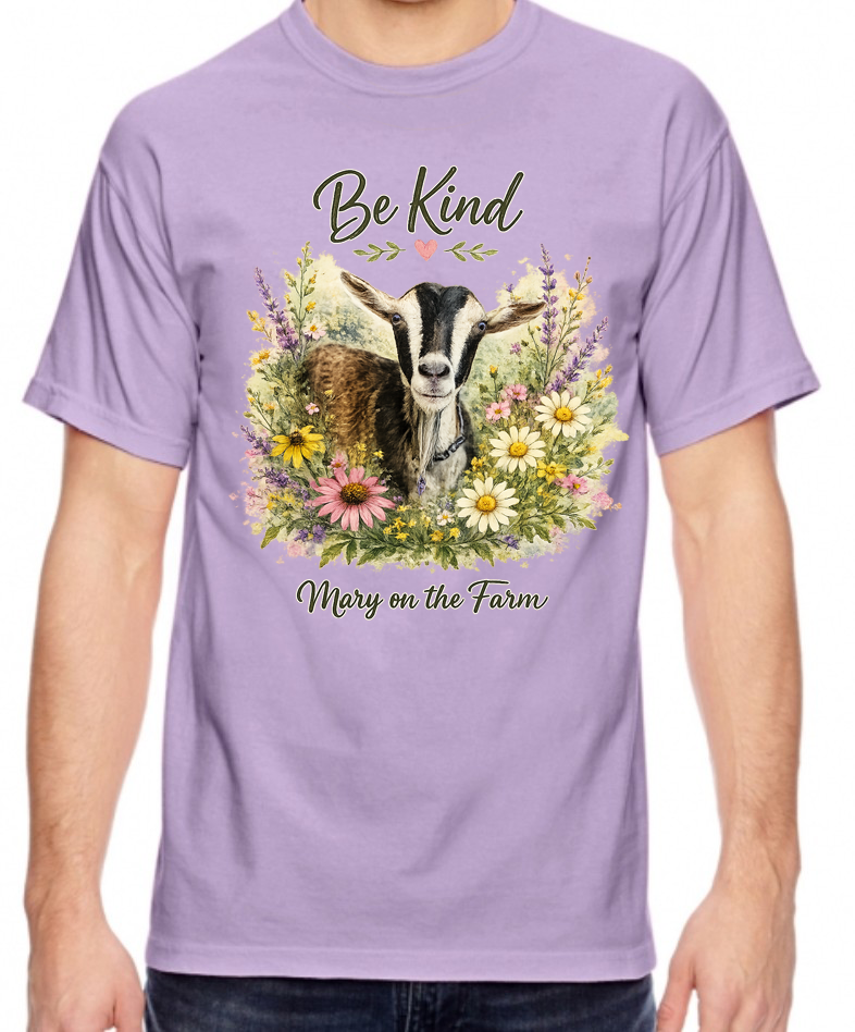 Mary on the Farm lavender shirt featuring Rosemary the goat and Be Kind