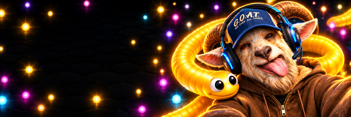 The Goatfather gaming goat and a bright yellow Slither snake surrounded by glowing colorful pellets
