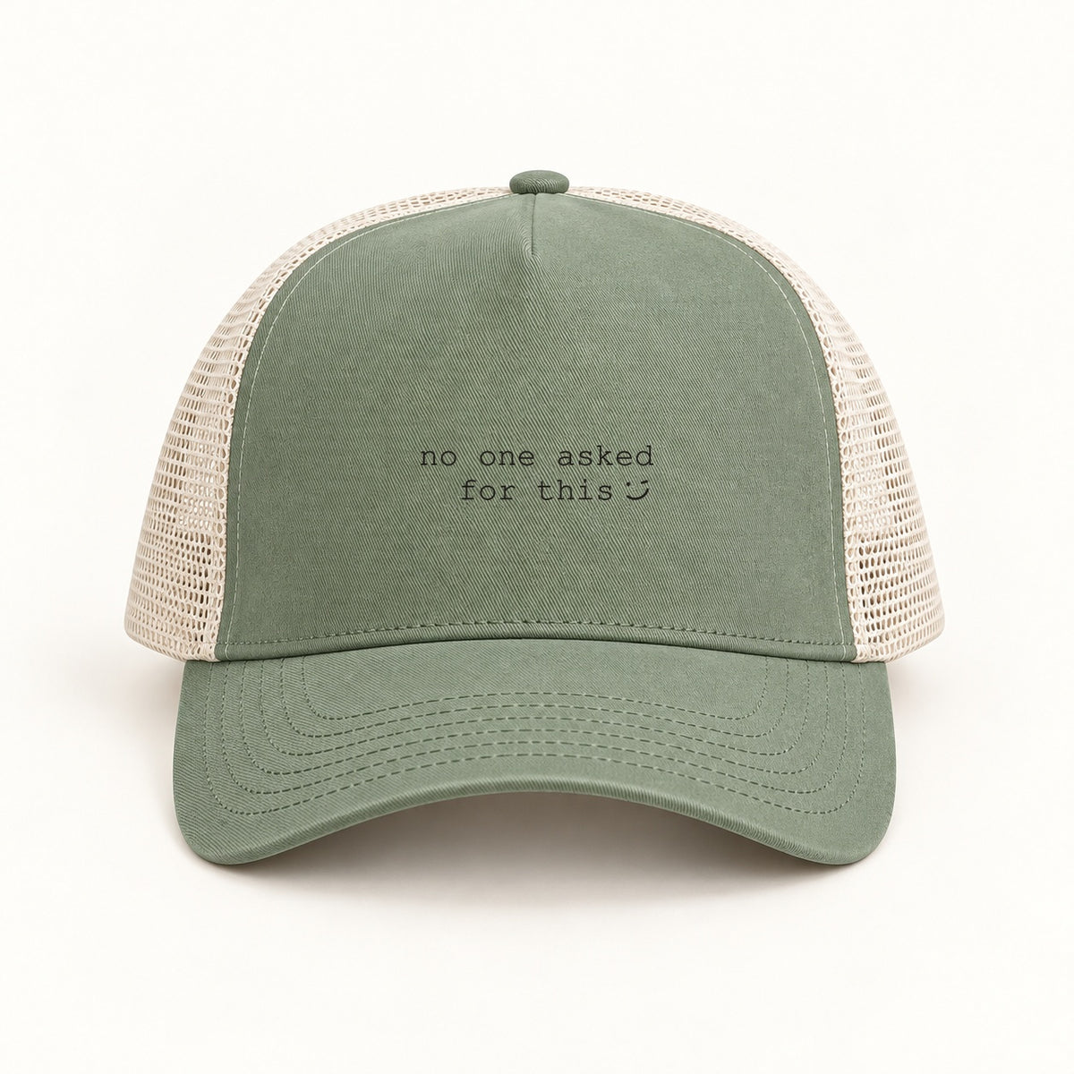 no one asked for this trucker cap in sage cream