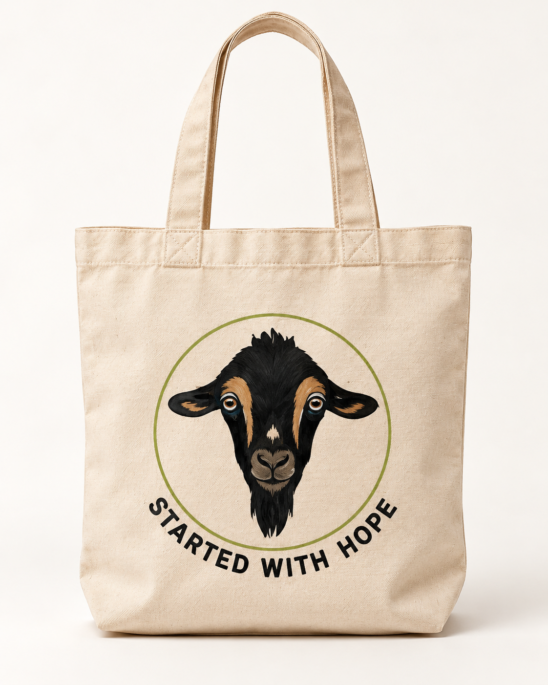 Natural canvas Every Field Tote with a Started With Hope goat design, sample mockup