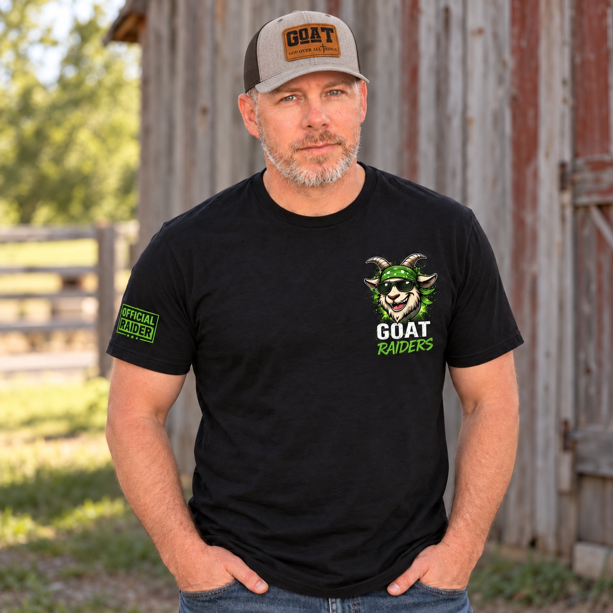 AI-assisted lifestyle mockup of The Goatfather wearing the black Goat Raiders shirt and his God Over All Things hat. Listing is for shirt only; see original image for full shirt artwork.